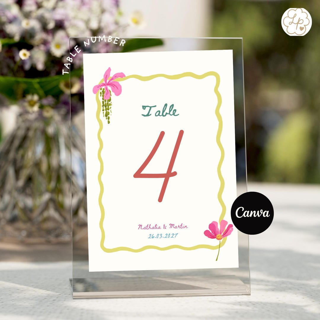Table Number Template: Flower Garden Number, Colorful Watercolor Design ...