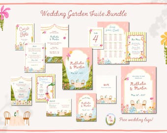 Suite huwelijksuitnodiging: Canva-sjabloon voor bloementuin aquarel, bewerkbare digitale download