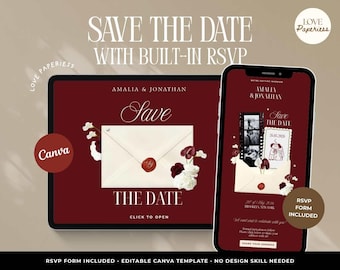 Minimalistische kastanjebruine save-the-date-sjabloon: elegante canvassite met digitale RSVP-uitnodiging, handgetekende bruiloft
