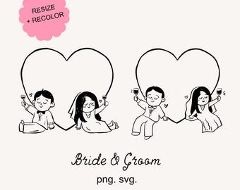 Novios dibujados a mano en formato SVG y PNG: imágenes prediseñadas de una pareja encantadora para invitaciones de boda.