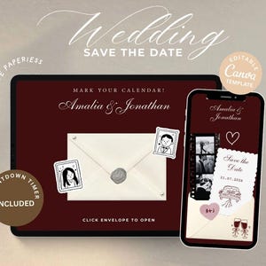 May include: A digital wedding save-the-date template on a tablet and a smartphone. The tablet has a burgundy background with the text "Wedding Save the Date" and "Amalia & Jonathan". The smartphone shows a similar design with photos and the date.
