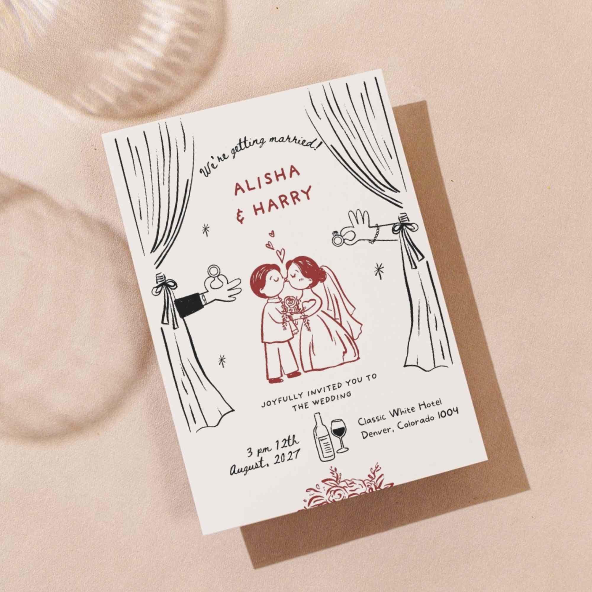 Wedding Invitation Template : Hand Drawn Illustration Canva Editable ...