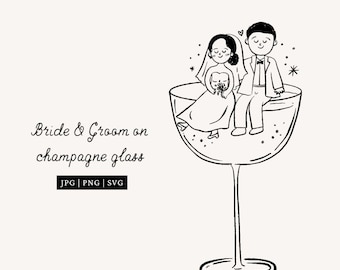 Couple Holding Glass Wedding Clipart, Hand Drawn Whimsical Bride and Groom PNG SVG