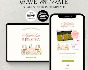 Save the Date-trouwwebsite: bloementuinuitnodigingen, kleurrijk aquarelontwerp, grillige uitnodiging digitale download Canva