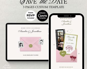 Minimalistische roze bruiloft websitesjabloon, bewerkbare Canva Save the Date, online RSVP (digitale download)