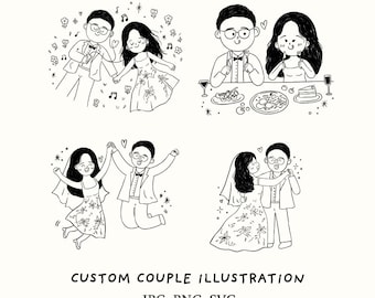 Custom Wedding Portrait, Whimsical Bride and Groom Hand Drawn Illustration