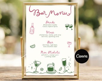 Groene Wiggle Bar-menusjabloon, bord drankjes bruiloft, bewerkbare canvassjabloon, ontwerp instant download
