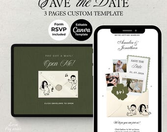 Save the Date-uitnodiging met RSVP: saliegroene bruiloft, uitnodigingssjabloon, bewerkbaar canvas (digitale download)