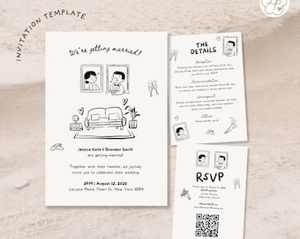 Invitación de boda "Nos casamos": Plantilla digital editable en Canva (dibujada a mano)