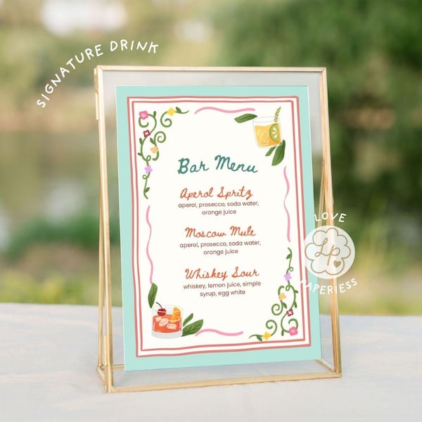 Colorful Floral Bar Menu: Watercolor Hand-Drawn Whimsical Design, Editable Template (Digital Download)