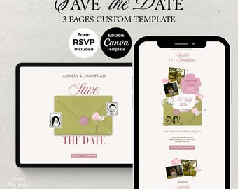 Save the Date-uitnodiging met RSVP: groene en roze website, uitnodigingssjabloon, bewerkbaar canvas (digitale download)