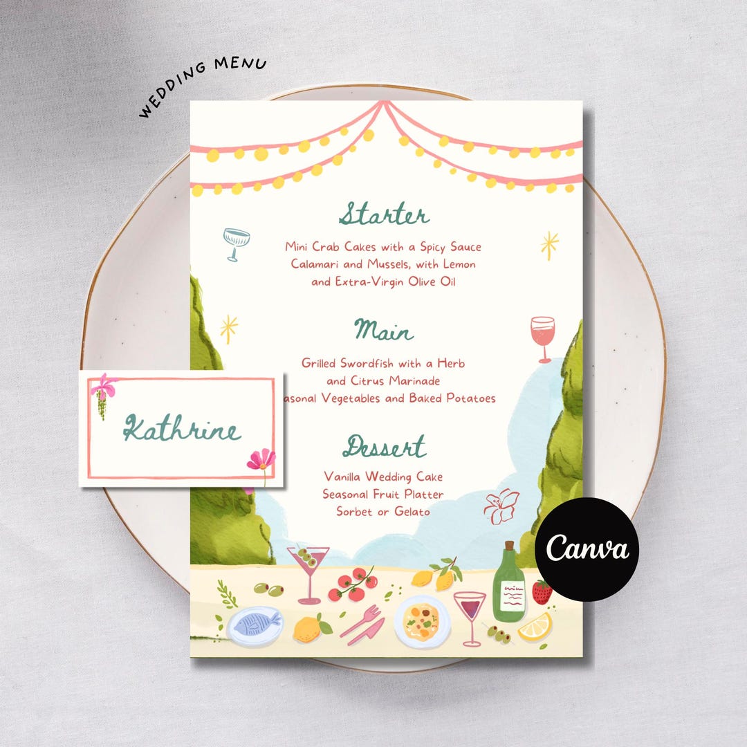 Wedding Menu Place Card: Flower Garden Menu, Colorful Watercolor Design ...