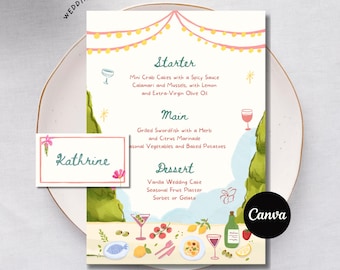 Plaatskaart bruiloftsmenu: bloementuinmenu, kleurrijk aquarelontwerp, bewerkbare digitale Canva-download