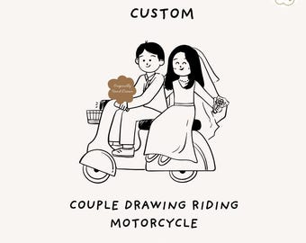 Aangepaste paartekening: bruid en bruidegom op motorfiets handgetekende bruiloftsillustratie (digitale download)