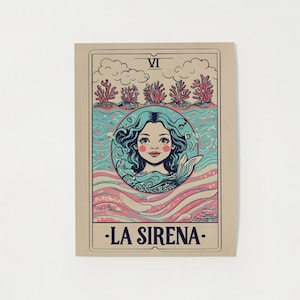 Retro Loteria Poster &#39;La Sierna&#39;, Mermaid Illustration