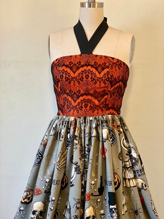 spooky cocktail dress Black Cat Spooky Cute Halloween Orange Skater Dress