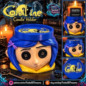 May include: A blue and yellow Coraline candle holder featuring a sculpted head with blue hair, black button eyes, and a purple dragonfly hair clip. The matching blue lid displays the Coraline logo with a yellow moon and black cat silhouette.