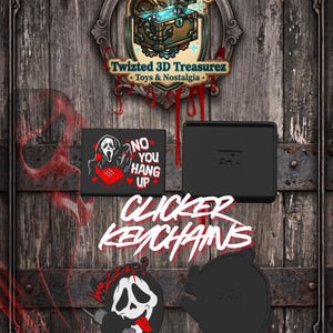May include: Two black clicker keychains featuring the Ghostface character. One rectangular keychain displays the text NO YOU HANG UP with a red telephone and hearts. The other is shaped like the Ghostface mask with the text Wazzup? and a telephone.
