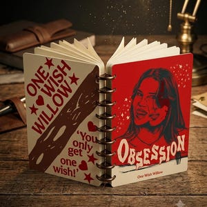May include: A disc-bound notebook with a red and cream cover. The left side features the text 'ONE WISH WILLOW' and 'You only get one wish!' with heart and star icons. The right side displays a graphic of a person and the word 'OBSESSION'.