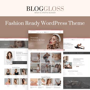 以下が含まれることがあります： 美容とライフスタイルのブログに適したWordPressテーマを示すウェブサイトのスクリーンショット。このテーマは、画像とコンテンツの表示に重点を置いた、クリーンでモダンなデザインを採用しています。ウェブサイトには、パーソナルウェルネスとケア、人気コース、新しいエクササイズを試すための行動喚起のセクションが含まれています。