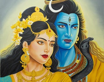 Shiva Parvati Art Print | Hindu Sacred Couple Canvas, Home Temple Decor