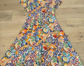 Vintage 90s Floral Shirt Dress Sz 16 Long Button Front Tie Back Orange Maxi