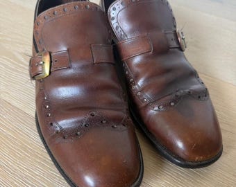 VTG Florsheim USA Blue Label Monk Strap Wingtip Dress Shoes Brown Men's Sz 9