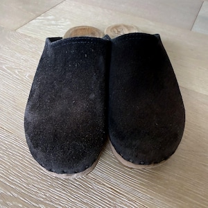 Black Brown Suede Leather Wood Platform Clogs Mules Boho Shoes Cottage sz 9