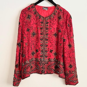 Vintage red beaded silk jacket embellished black gold beads abstract floral XL