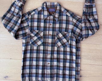 Vintage Pendleton Board Shirt Men Lg Blue Brown Wool Loop Collar Flannel 60s