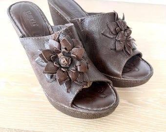 Y2K Born Leather Flower Brown Wedge Women’s Shoes Size 10 Platform