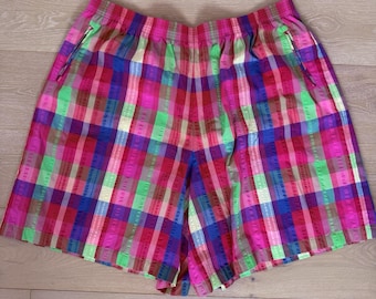 Vtg Plus Sz Koret Francisca High Waisted Bermuda Jorts Rainbow Plaid Shorts 28W
