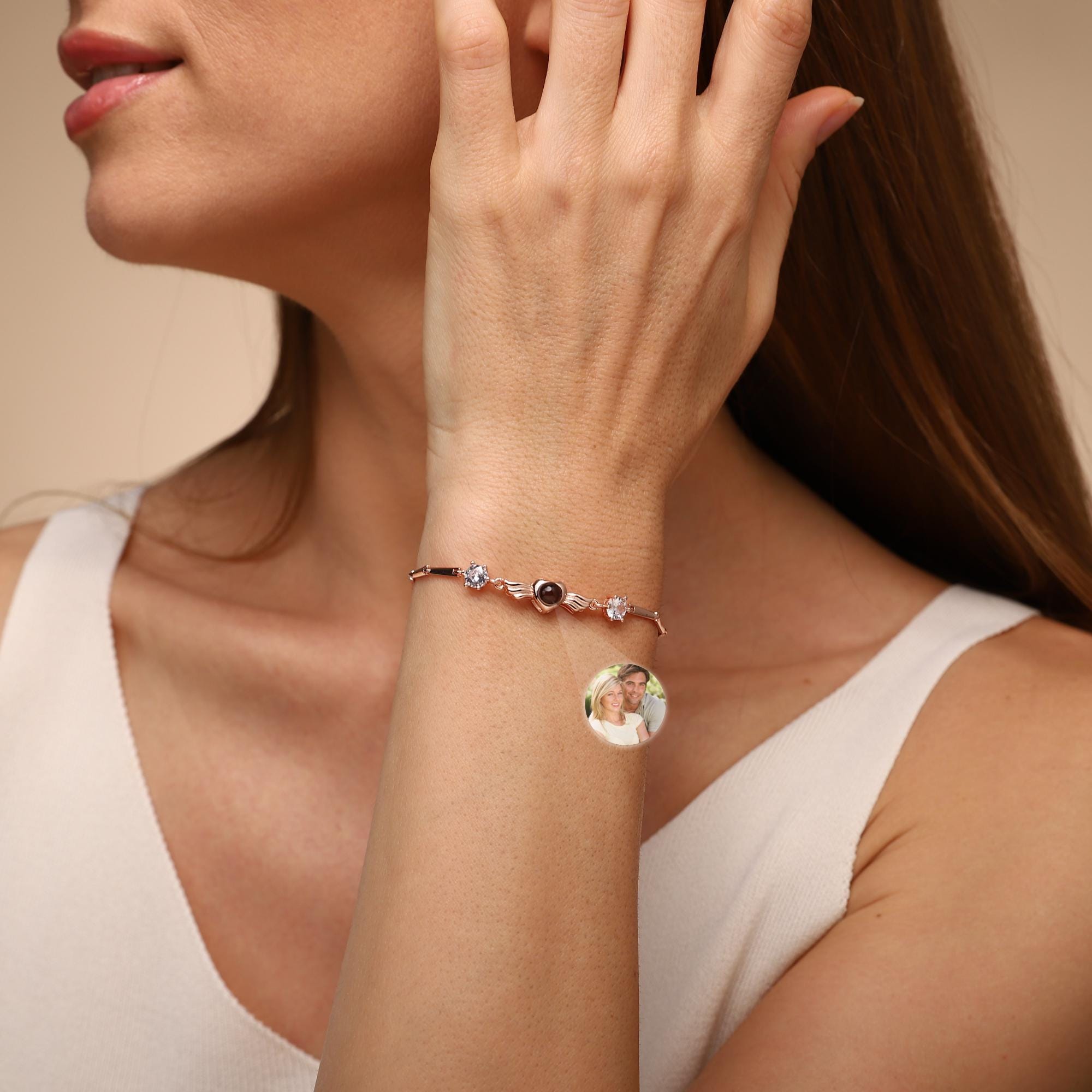 Custom Photo Projection Bracelet, Picture Bracelet with Diamond, Picture Projection Jewelry, Memorial Heart Bracelet, BFF Gift, Gift For Her