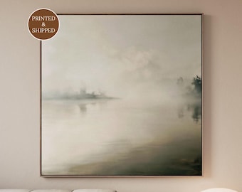 Square Misty Lake Canvas, Minimalist Neutral Landscape Print, Large Scandinavian Nature Wall Art, Abstract Japandi Wall Decor for Bedroom