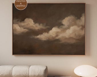 Framed Above Bed Cloud Wall Art, Horizontal Neutral Brown Canvas, Extra Large Japandi Home Decor, Soft Toned Statement Print