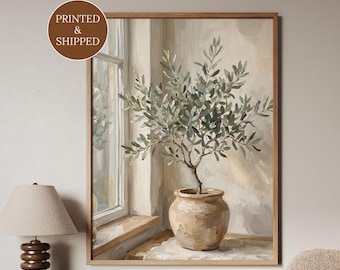 Vintage olijfboom kunst aan de muur, rustieke botanische poster voor woonkamer, neutraal boerderijdecor, kunstwerk boven consoletafel