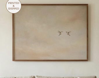 Large Hummingbird Wall Art, Above Bed Minimalist Home Decor, Large Horizontal Japandi Bird Poster for Neutral Living Rooms
