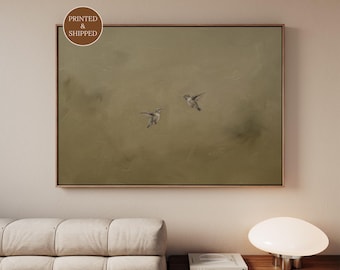 Olive Green Hummingbird Print, Framed Wabi Sabi Wall Art, Neutral Japandi Bird Poster for Minimalist Living Rooms, Above Couch Decor
