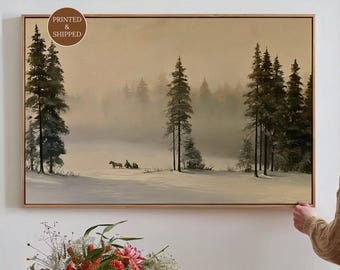 Winter Forest Canvas, Snowy Pine Tree Landscape Wall Art, Horse Sleigh Print, Large Horizontal Scandinavian Nature Decor for Above Couch