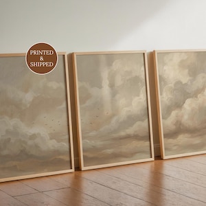 Set of 3 Cloud Prints for Above Bed, Extra Large Sky Landscape, Japandi Triptych Decor for Neutral Bedroom, Nature Inspired Poster