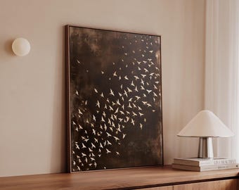 Vertical Birds In Flight Canvas, Brown Abstract Wall Art, Japandi Bird Art, Large Flying Birds Print, Earth Toned Artwork for Bedroom