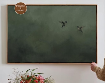 Dark Green Hummingbird Wall Art Print, Above Bed Japandi Zen Decor, Extra Large Vintage Bird Canvas, Calm Artwork for Bedroom