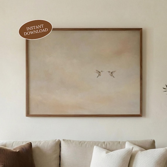 Minimalist Hummingbird Print, Above Bed Horizontal Printable, Japandi Bird Wall Art for Neutral Living Rooms (Digital Download)