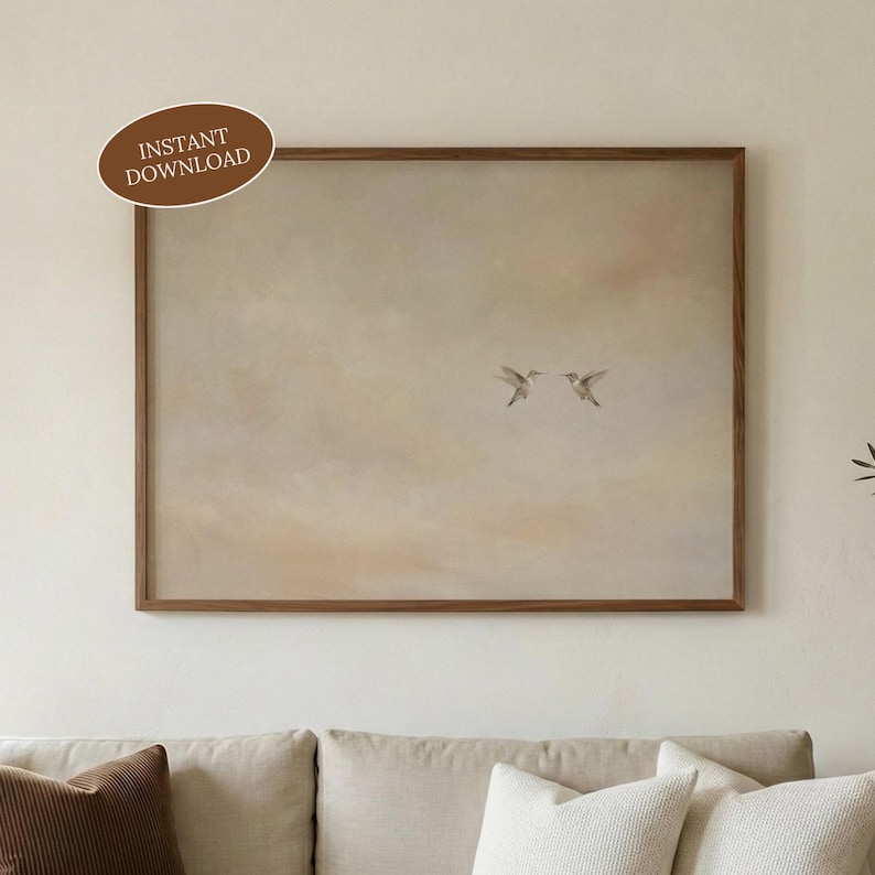 Minimalist Hummingbird Print, Above Bed Horizontal Printable, Japandi Bird Wall Art for Neutral Living Rooms (Digital Download)