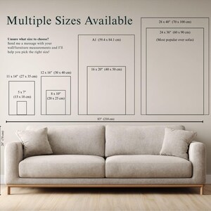 Op de afbeelding: Afbeelding met verschillende afdrukformaten, waaronder 13 x 18 cm, 20 x 25 cm, 27 x 35 cm, 30 x 40 cm, 40 x 50 cm, A1, 60 x 90 cm en 70 x 100 cm. Een bank is onder de formaten afgebeeld ter schaal.