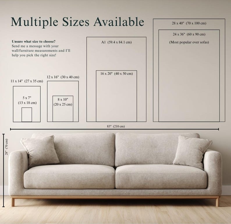 Op de afbeelding: Afbeelding met verschillende afdrukformaten, waaronder 13 x 18 cm, 20 x 25 cm, 27 x 35 cm, 30 x 40 cm, 40 x 50 cm, A1, 60 x 90 cm en 70 x 100 cm. Een bank is onder de formaten afgebeeld ter schaal.