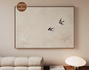 Framed Minimalist Swallow Wall Art, Horizontal Beige Bird Canvas, Nature Inspired Home Decor for Japandi Bedroom, Above Bed Artwork