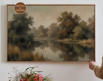 Moody Forest River Wall Art, Above Couch Autumn Canvas, Vintage Nature Print, Dark Academia Decor for Over The Sofa, Neutral Living Room Art