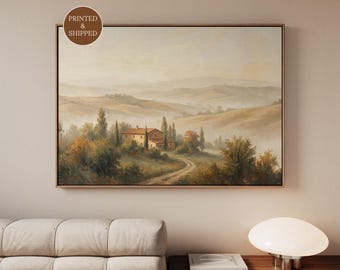 Above Couch Misty Landscape Canvas, Framed Tuscan Wall Decor, Vintage Italian Print for Farmhouse Living Room, Over The Sofa Art
