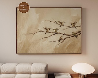 Framed Neutral Hummingbird Canvas, Minimalist Japandi Bird Print, Wabi Sabi Wall Art for Scandinavian Bedroom, Above Bed Decor, Zen Wall Art